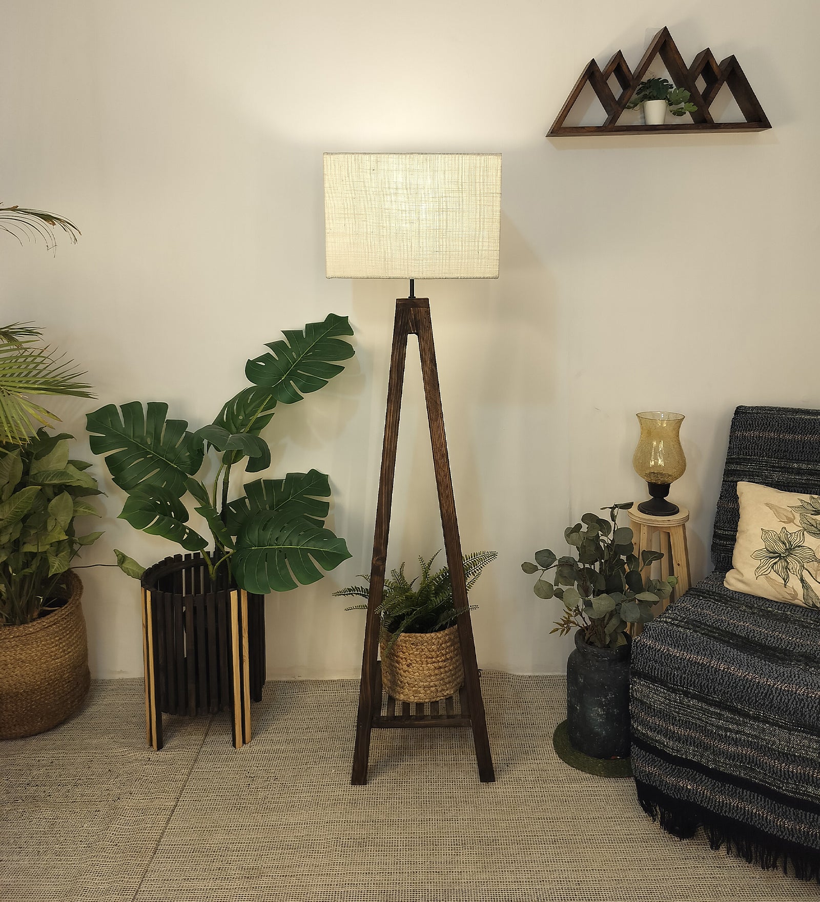 Brielle Wooden Floor Lamp with Brown Base and Beige Fabric Lampshade (BULB NOT INCLUDED)