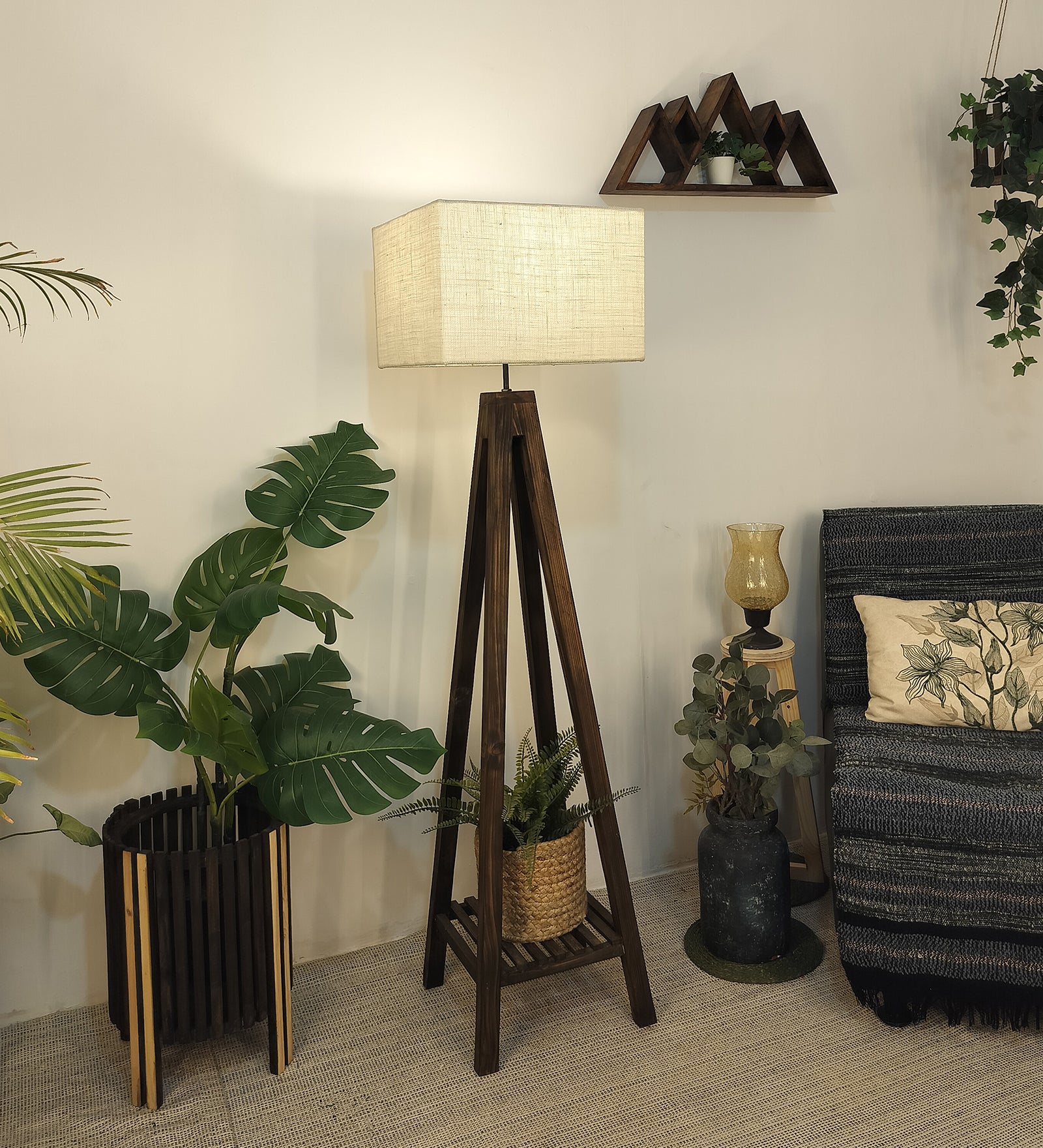 Brielle Wooden Floor Lamp with Brown Base and Beige Fabric Lampshade (BULB NOT INCLUDED)