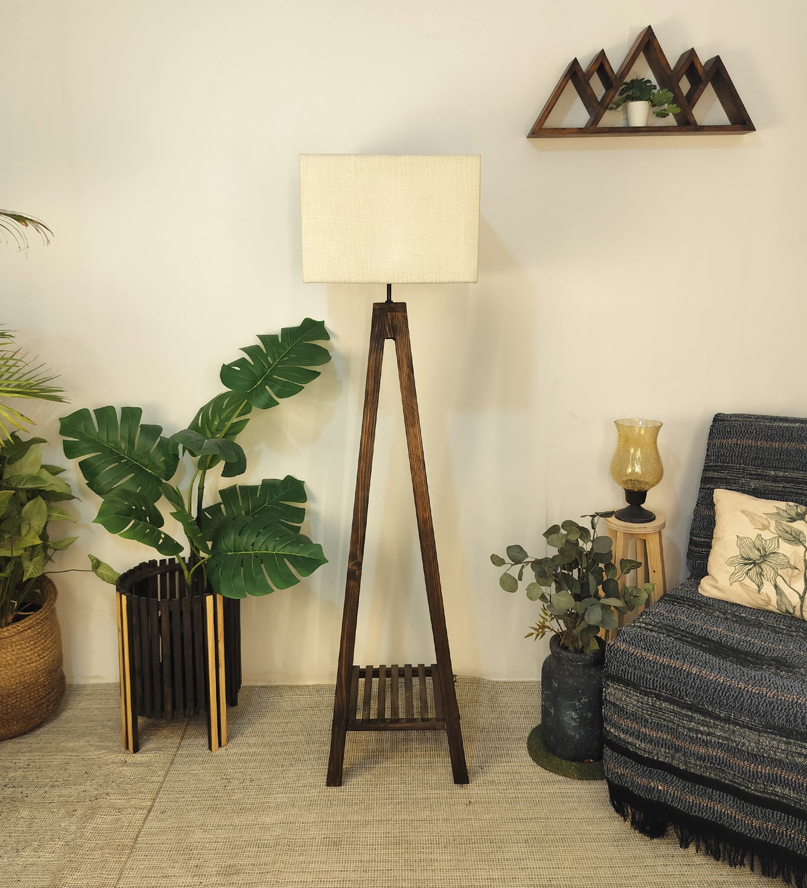 Brielle Wooden Floor Lamp with Brown Base and Beige Fabric Lampshade (BULB NOT INCLUDED)