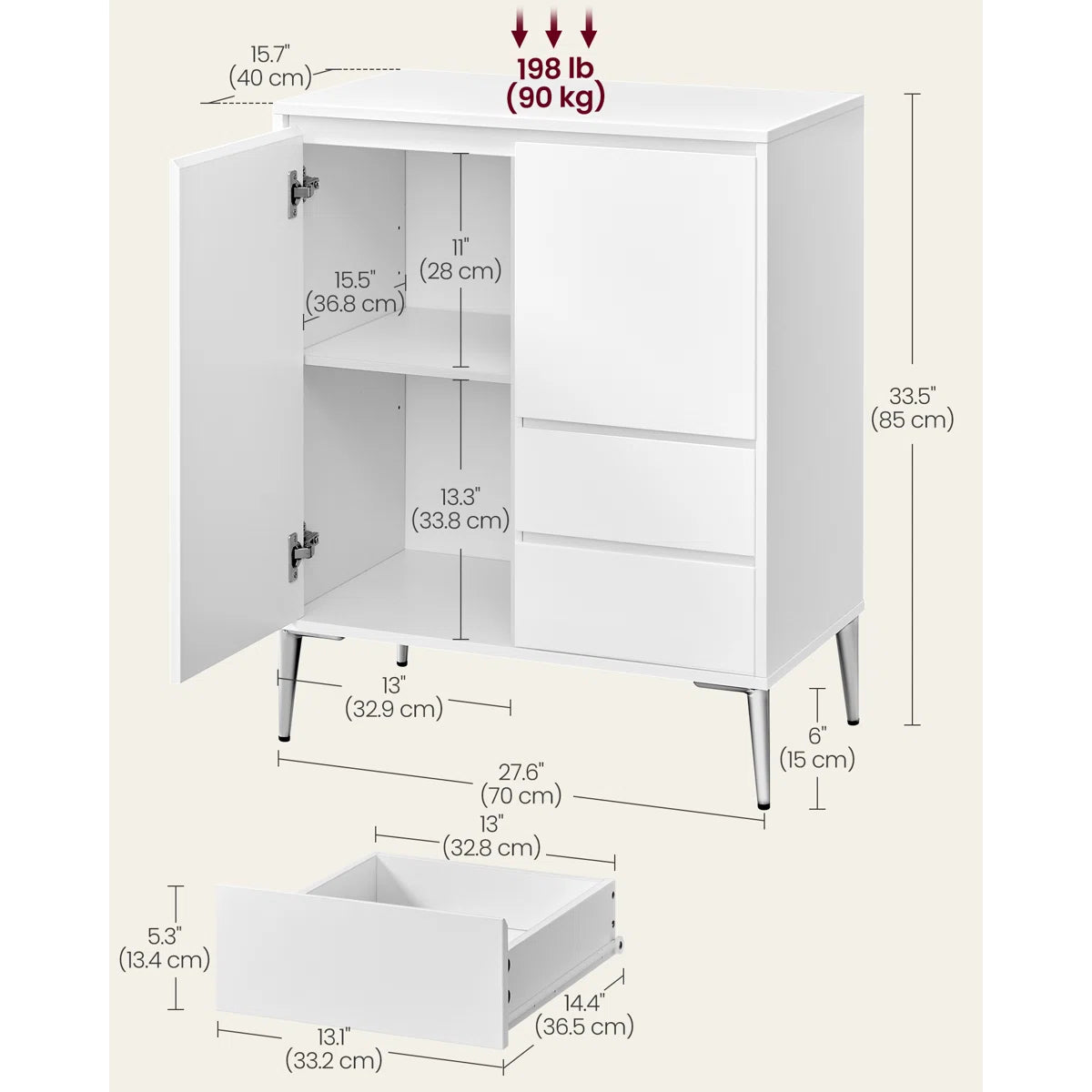 Modern White Accent Cabinet with 2 Doors, 2 Drawers & Adjustable Shelves