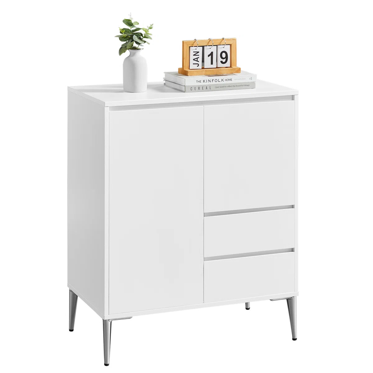 Modern White Accent Cabinet with 2 Doors, 2 Drawers & Adjustable Shelves