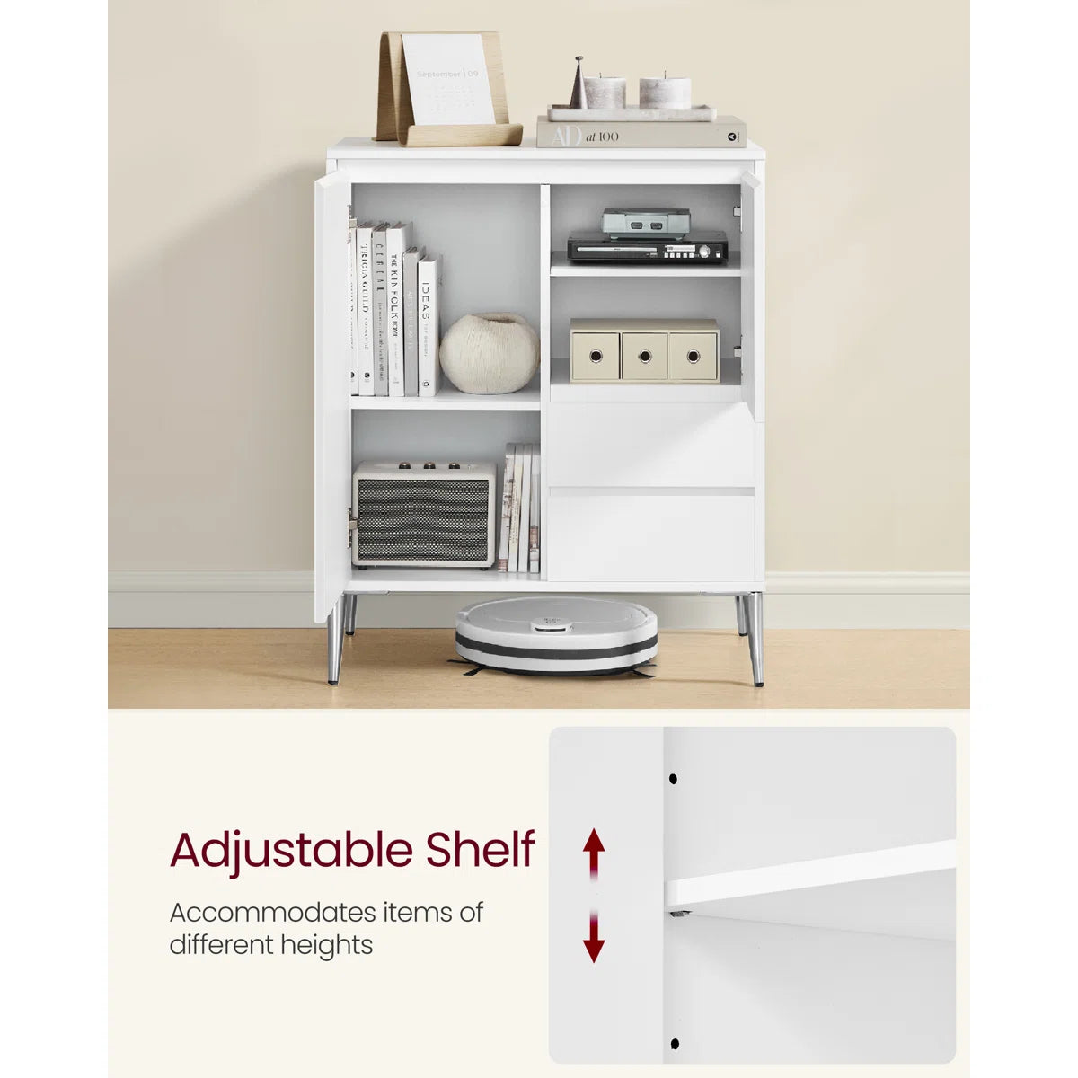 Modern White Accent Cabinet with 2 Doors, 2 Drawers & Adjustable Shelves