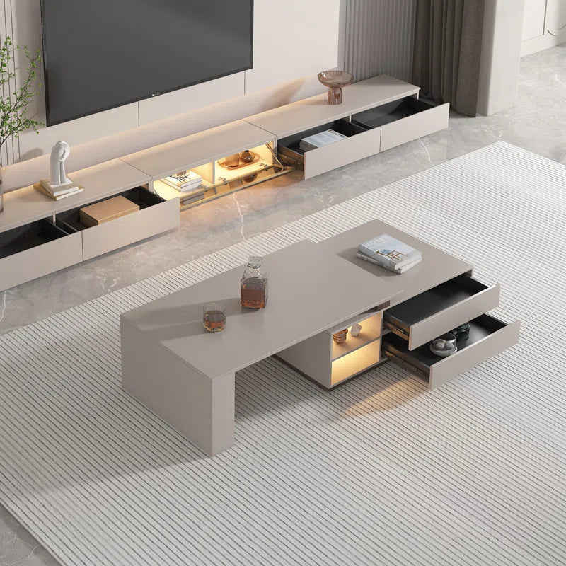 Extendable Rectangular Coffee Table with Storage Drawers  Modern Pedestal Center Table