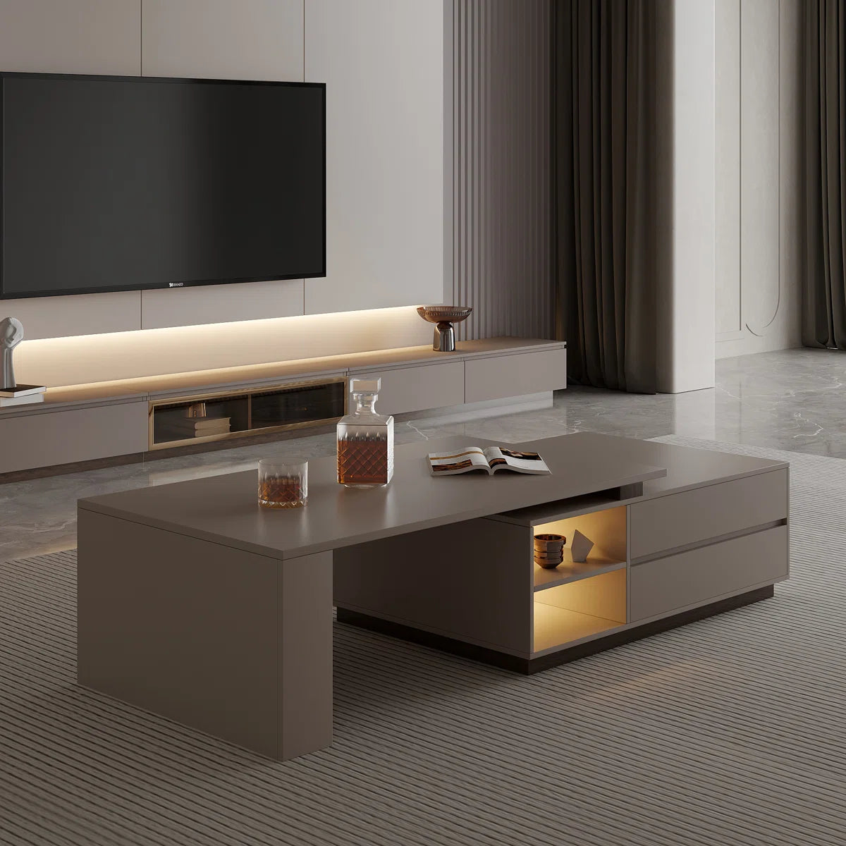 Extendable Rectangular Coffee Table with Storage Drawers  Modern Pedestal Center Table