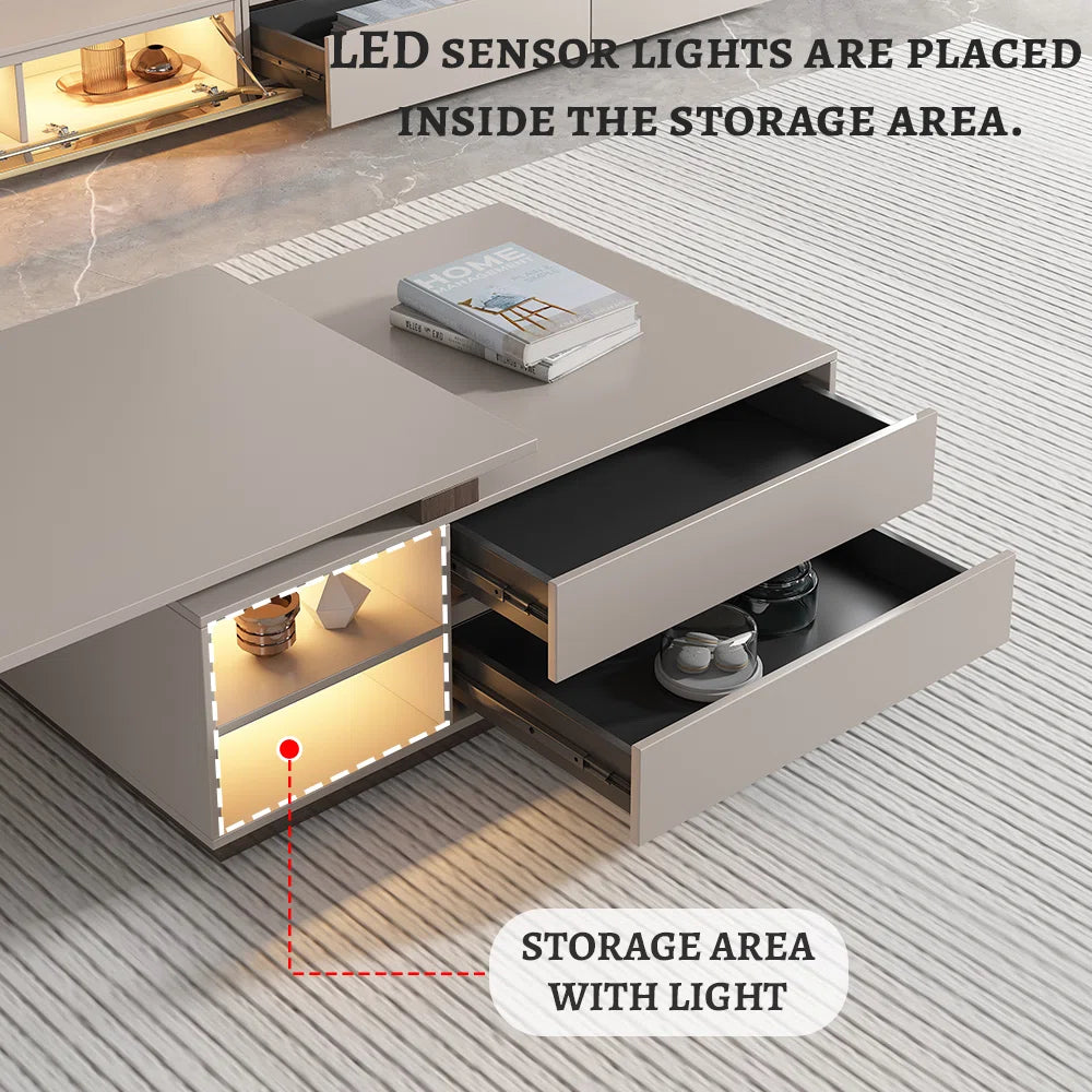 Extendable Rectangular Coffee Table with Storage Drawers  Modern Pedestal Center Table