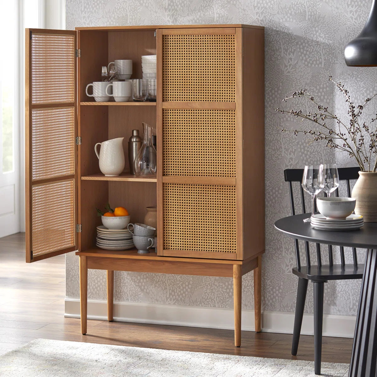 Kalicki Faux Cane Storage Cabinet Shelves, Mid-Century Wooden Cabinet for Dining Room & Living Room