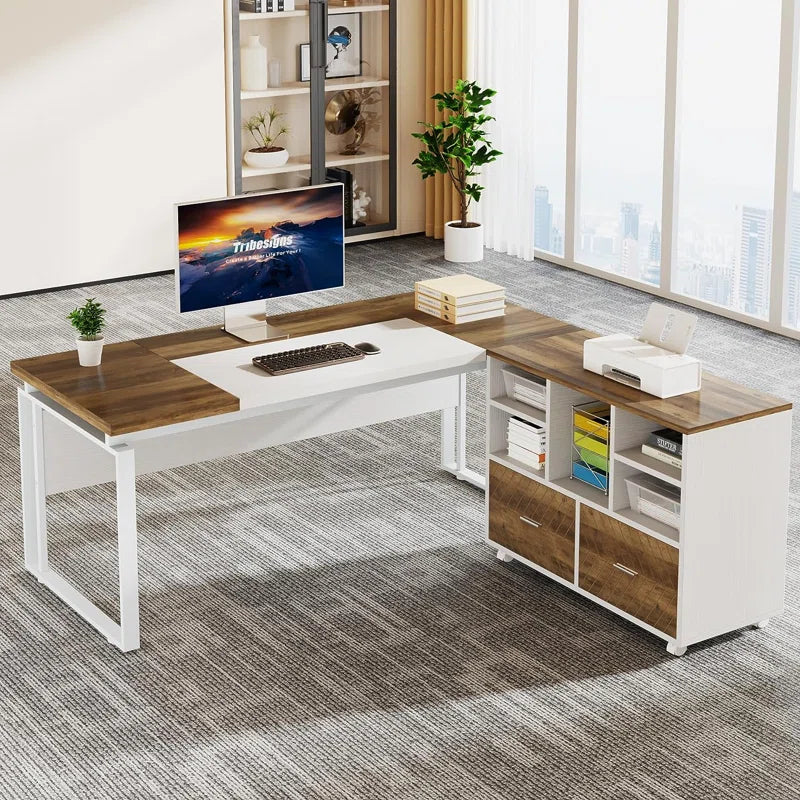 L-Shape Executive Desk with File Cabinet