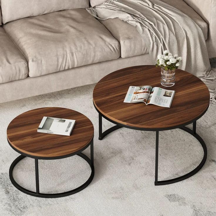 Ouch Cart Round Side Coffee Table Set of 2 with MDF Top & Iron Frame