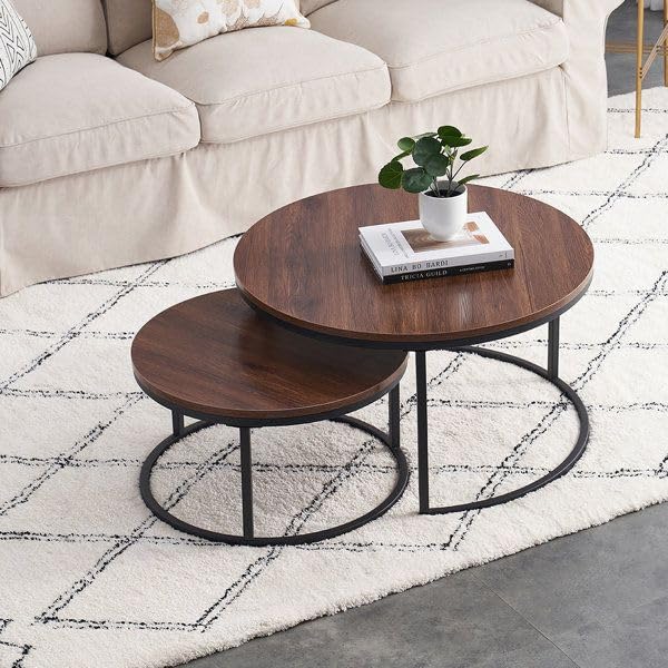 Ouch Cart Round Side Coffee Table Set of 2 with MDF Top & Iron Frame