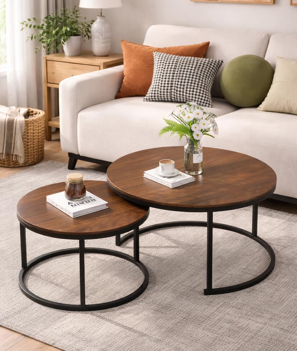 Ouch Cart Round Side Coffee Table Set of 2 with MDF Top & Iron Frame