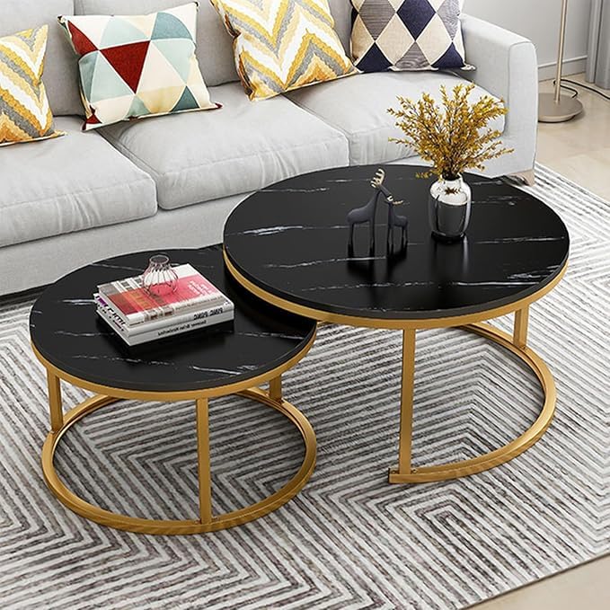 Ouch Cart Round Side Coffee Table Set of 2 with MDF Top & Iron Frame