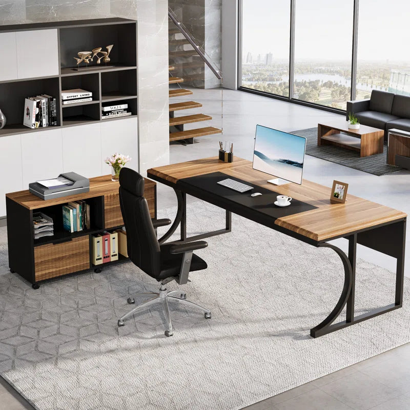 63'' Large L-Shaped Executive Desk with Portable File Cabinet