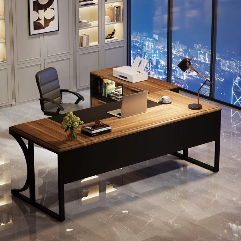63'' Large L-Shaped Executive Desk with Portable File Cabinet