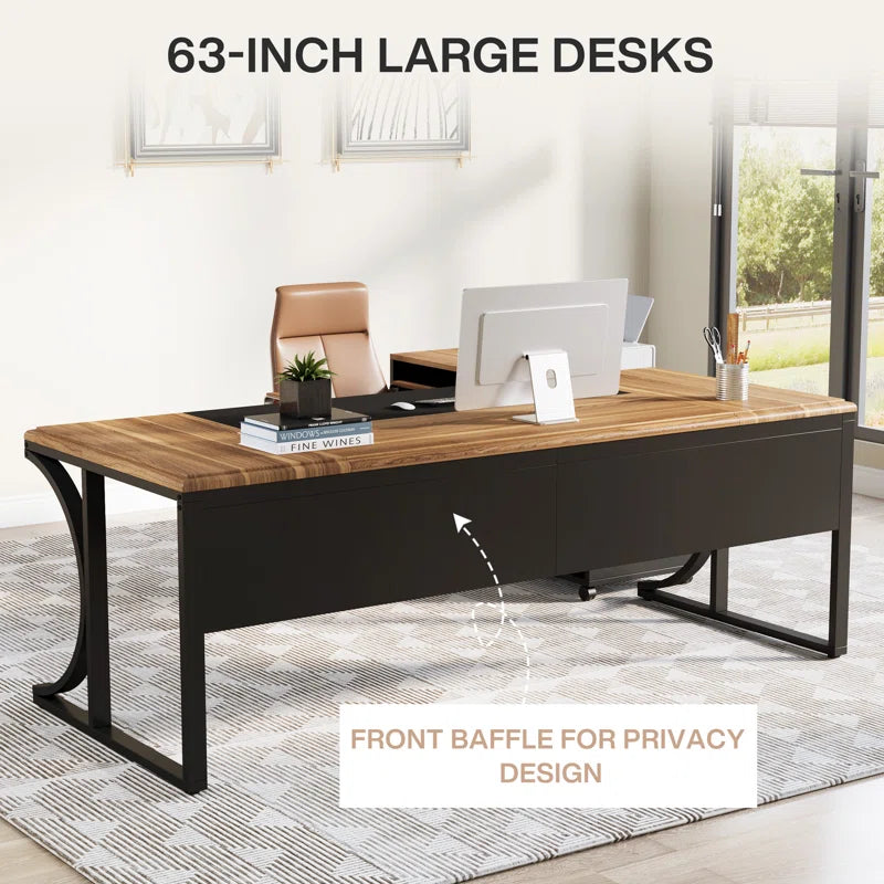 63'' Large L-Shaped Executive Desk with Portable File Cabinet