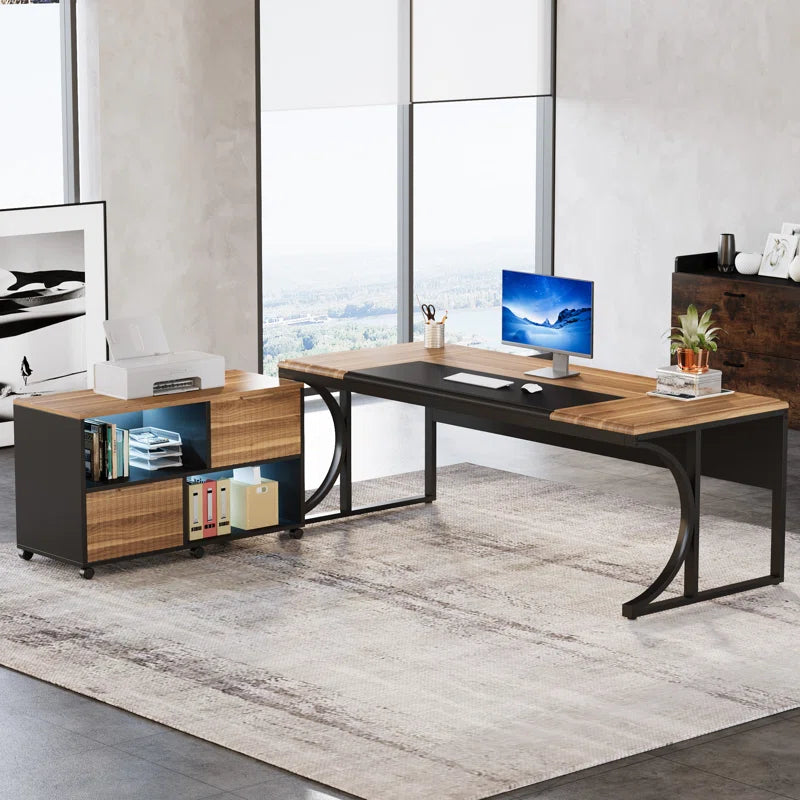 63'' Large L-Shaped Executive Desk with Portable File Cabinet