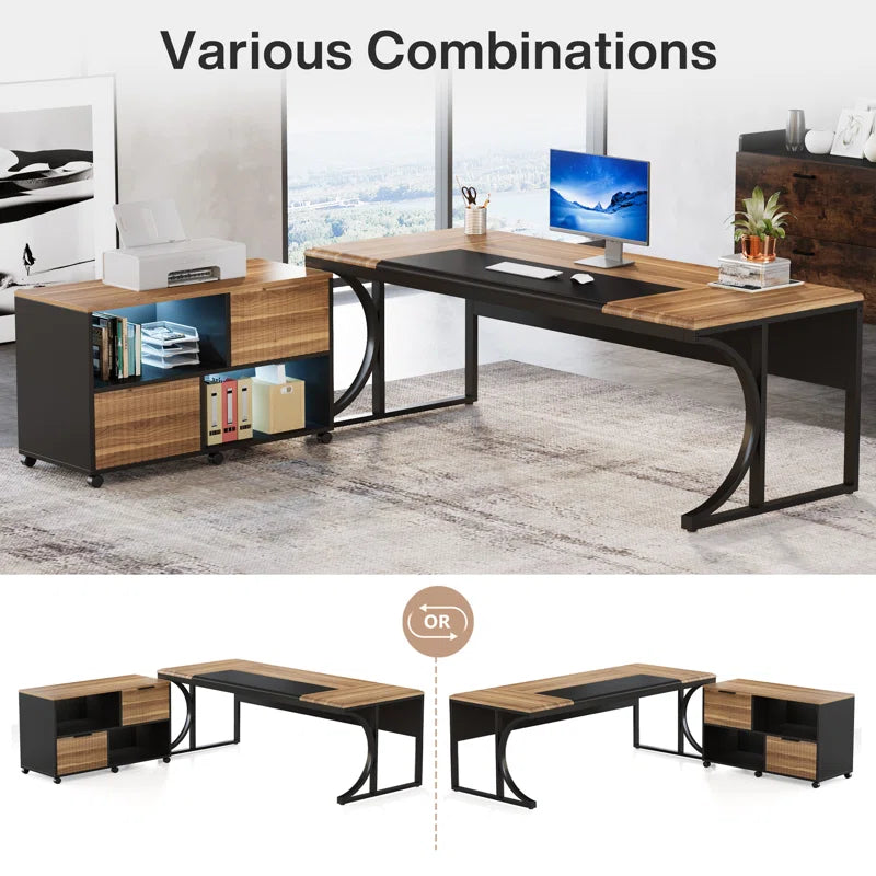 63'' Large L-Shaped Executive Desk with Portable File Cabinet