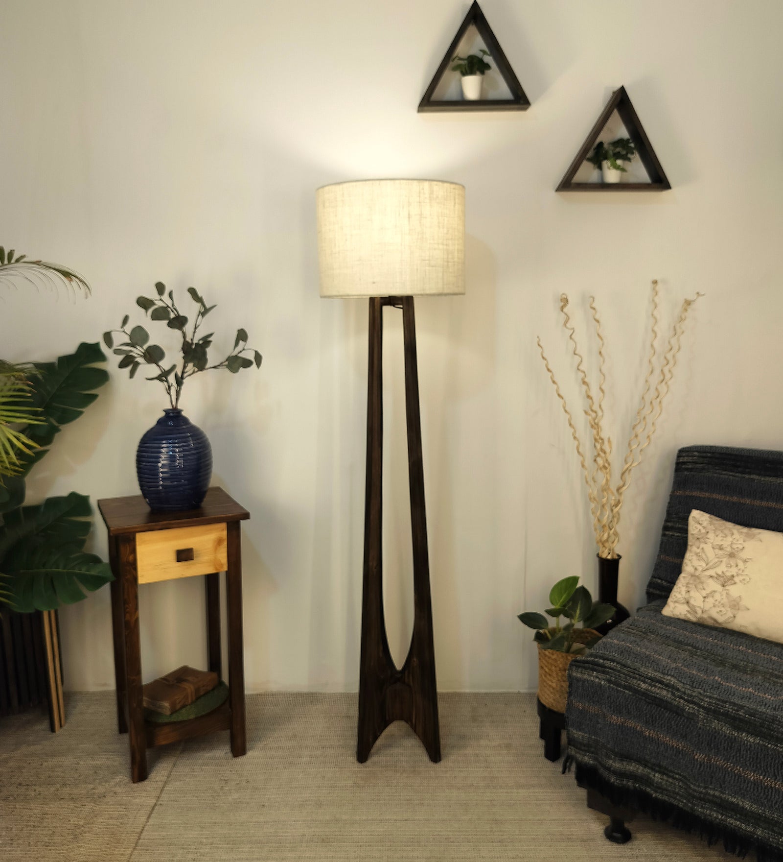 Camille Wooden Floor Lamp with Brown Base and Jute Fabric Lampshade (BULB NOT INCLUDED)