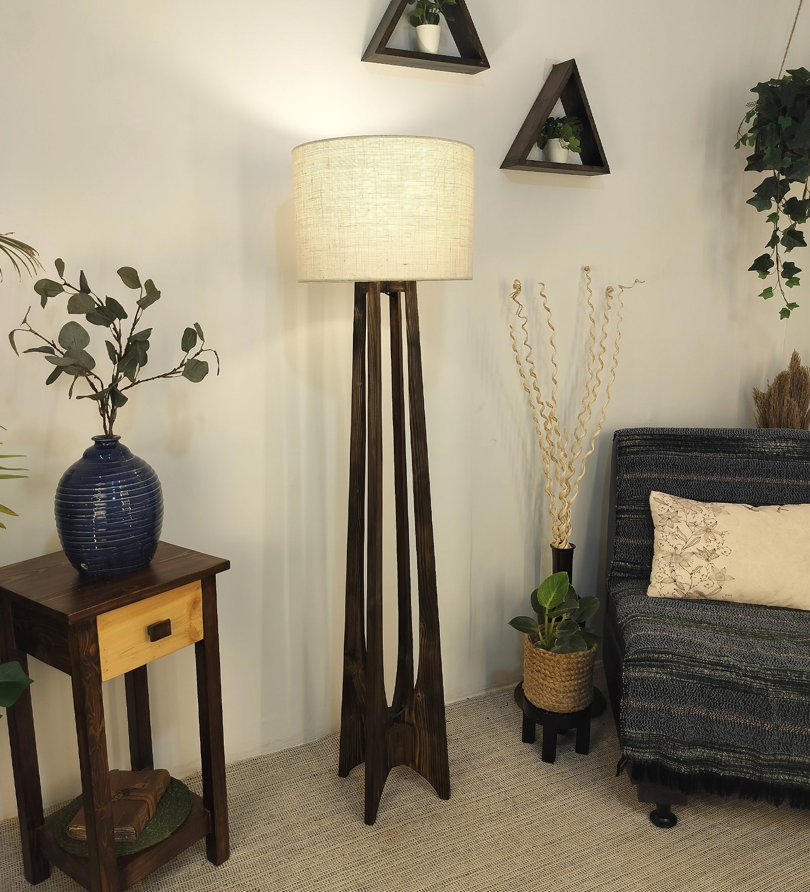 Camille Wooden Floor Lamp with Brown Base and Jute Fabric Lampshade (BULB NOT INCLUDED)