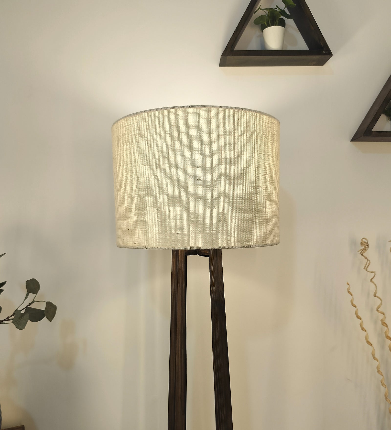 Camille Wooden Floor Lamp with Brown Base and Jute Fabric Lampshade (BULB NOT INCLUDED)