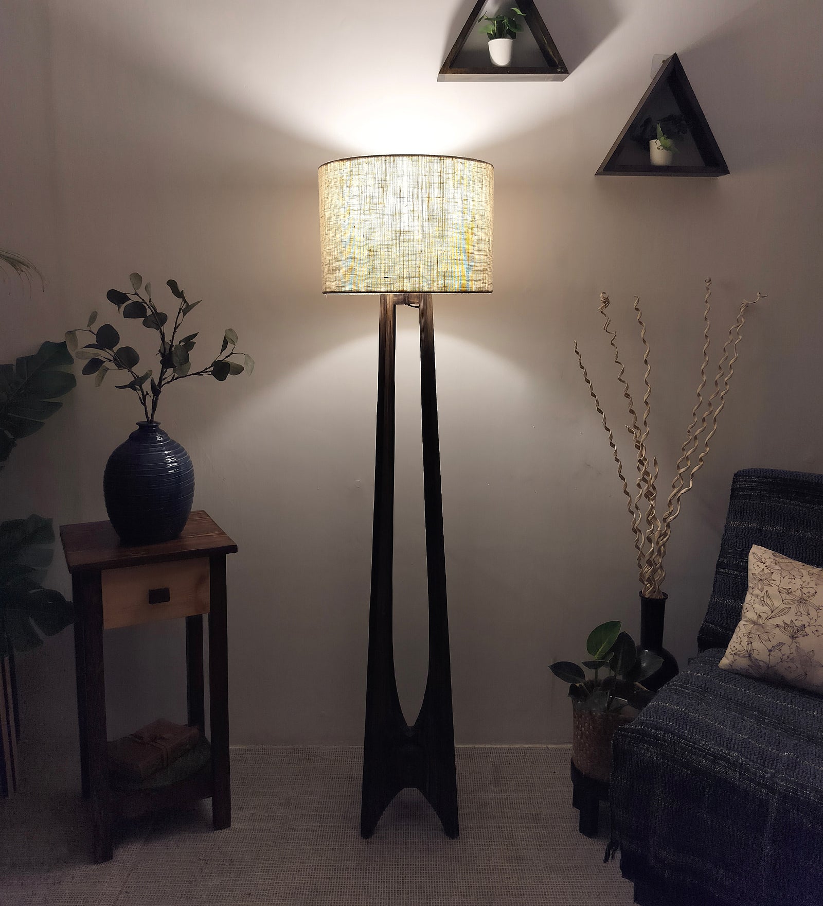 Camille Wooden Floor Lamp with Brown Base and Jute Fabric Lampshade (BULB NOT INCLUDED)