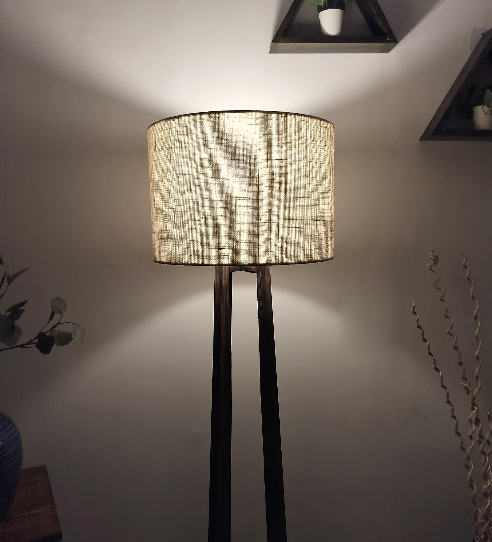 Camille Wooden Floor Lamp with Brown Base and Jute Fabric Lampshade (BULB NOT INCLUDED)