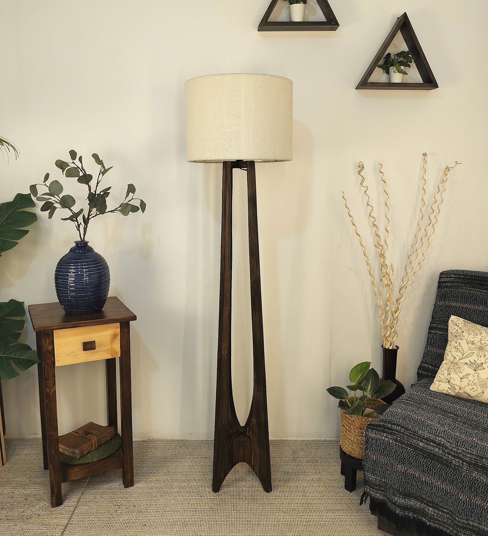 Camille Wooden Floor Lamp with Brown Base and Jute Fabric Lampshade (BULB NOT INCLUDED)