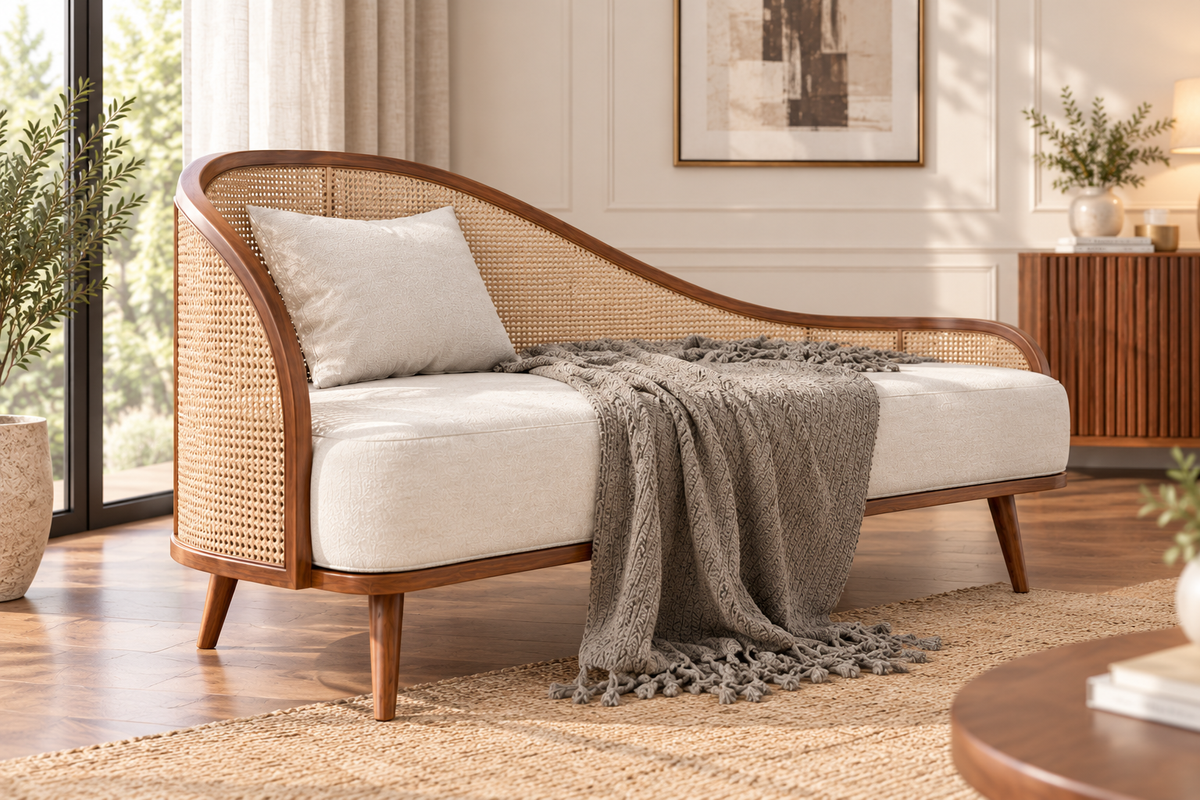 Cane Daybed Sofa with Solid Wood Frame  Mid-Century Modern 3 Seater Sofa with Cream Upholstery & Rattan Backrest