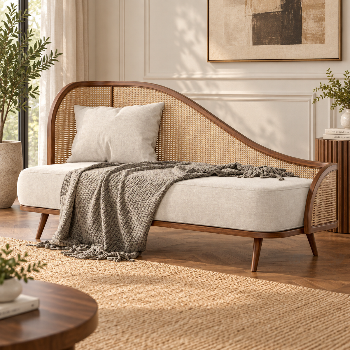 Cane Daybed Sofa with Solid Wood Frame  Mid-Century Modern 3 Seater Sofa with Cream Upholstery & Rattan Backrest