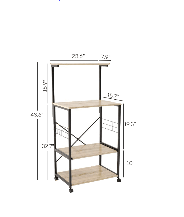 4 Tier Kitchen Organizer and Microwave Stand with Wheels and Side Hooks in Natural Finish - Ouch Cart 