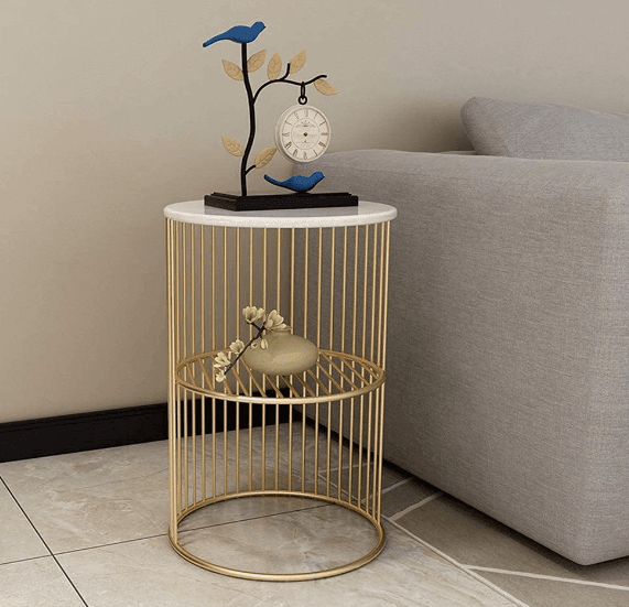 Coffee Round Accent Table for Living Room and Balcony with Metal & Engineered Wood Tabletop and Gold Coated Colour Frame -White-Gold-Jali - Ouch Cart 