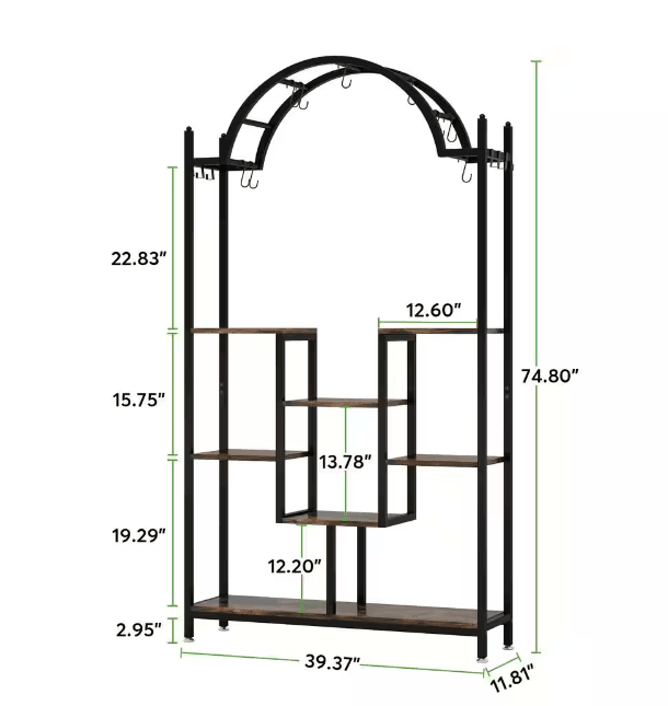 Wellston 74.8 in. Rustic Brown 5-Tier Indoor Plant Stand Flower Rack with Side Hanging Hooks and S-hooks - Ouch Cart 