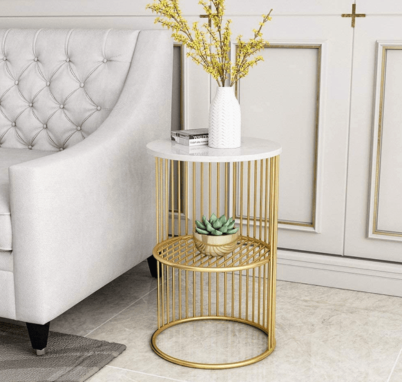 Coffee Round Accent Table for Living Room and Balcony with Metal & Engineered Wood Tabletop and Gold Coated Colour Frame -White-Gold-Jali - Ouch Cart 