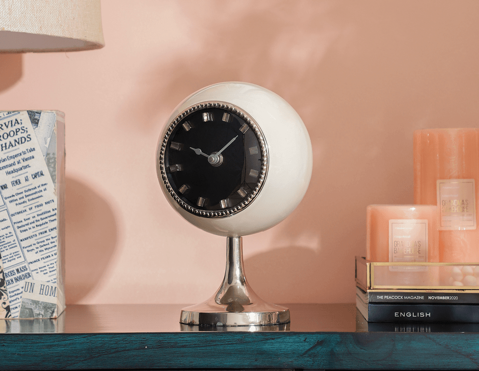 Circular Globe Clock with Fawn White Enamle & Nickle - Ouch Cart 