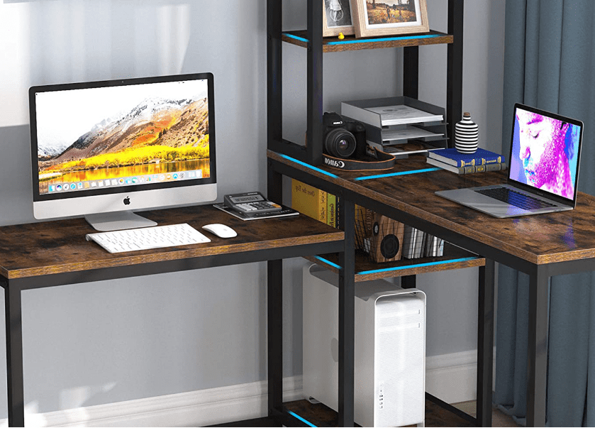 Rustic Brown L-Shaped Computer Desk with Bookshelf Storage - Ouch Cart 