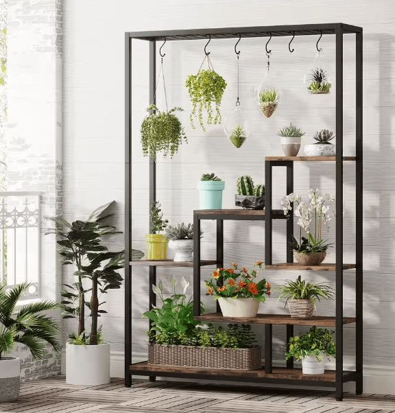 Seller Wellston 70.86 in. Brown 5-Tier Wooden Indoor Plant Stand, Tall Flower Rack with 10-Hook - Ouch Cart 