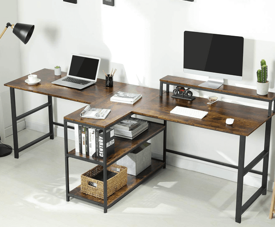 Double Computer Desk with Storage Shelves in Rustic Brown Color