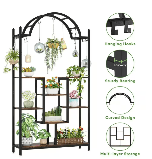 Wellston 74.8 in. Rustic Brown 5-Tier Indoor Plant Stand Flower Rack with Side Hanging Hooks and S-hooks - Ouch Cart 