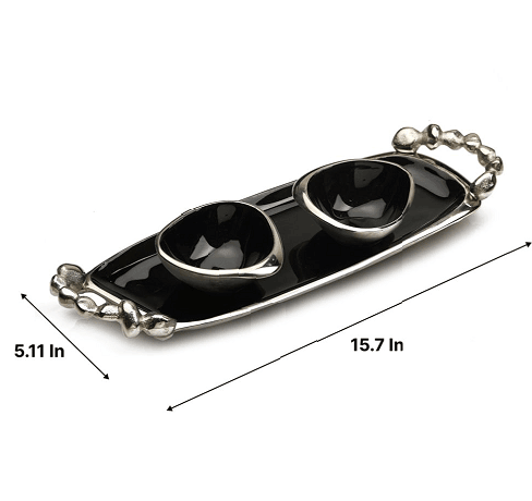 Stones Serving ware Jet Black enamle - Tray & Bowls Set Silver