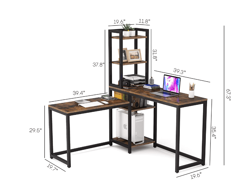 Rustic Brown L-Shaped Computer Desk with Bookshelf Storage - Ouch Cart 