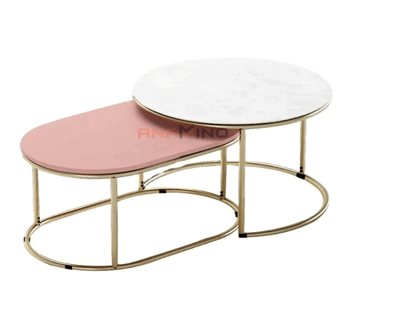 Nesting Table Set of 2, Stacking Side Round Tables in Golden Colour for Living Room - Ouch Cart 