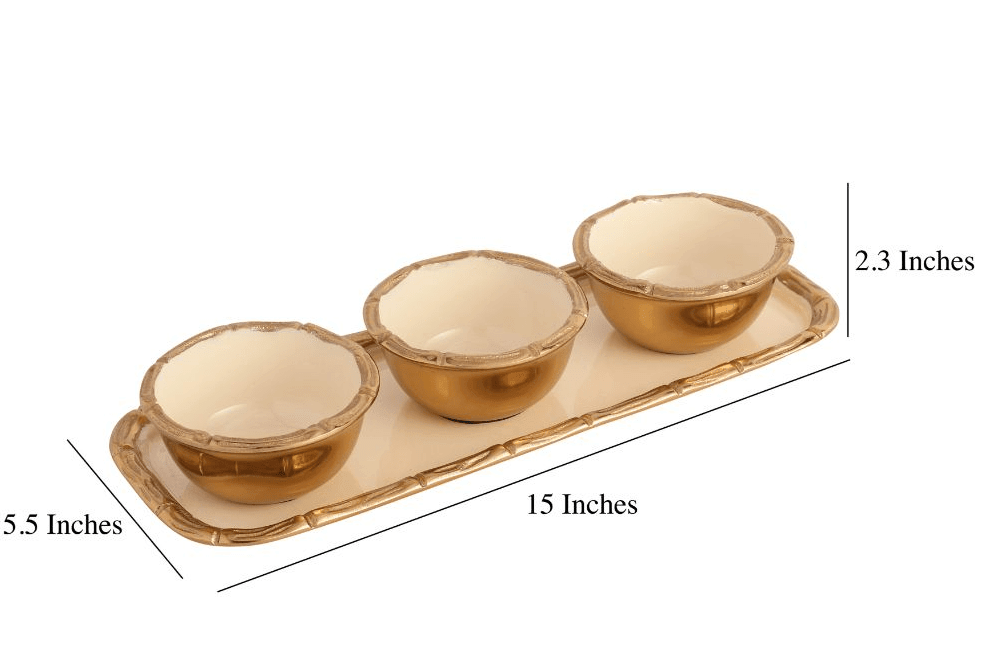 Alf Vine Tray Bowl Set in Ivory Enamle Gold Finish