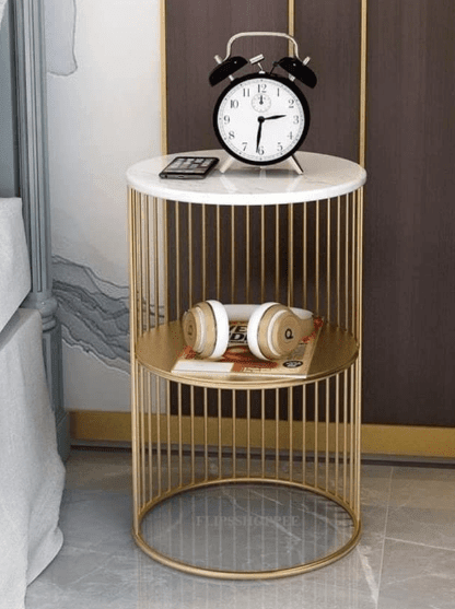 Coffee Round Accent Table for Living Room and Balcony with Metal & Engineered Wood Tabletop and Gold Coated Colour Frame -White-Gold-Jali - Ouch Cart 