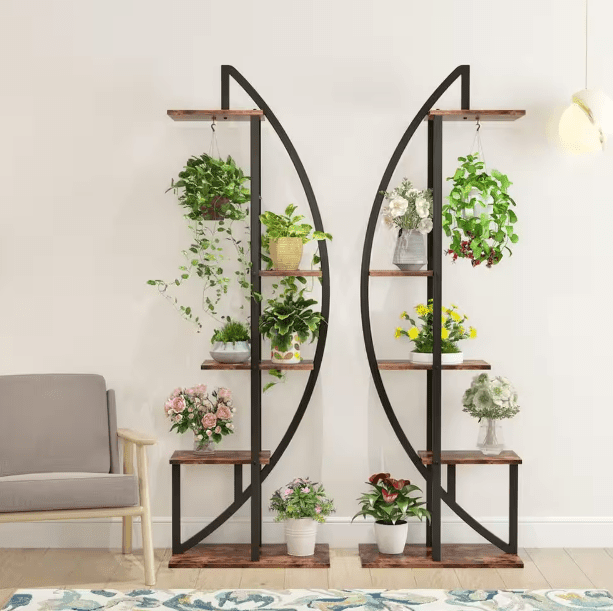 Eileen 63 in. Rustic Brown Curve Wood Indoor Plant Stand with 5-Tier (Pack of 2) - Ouch Cart 