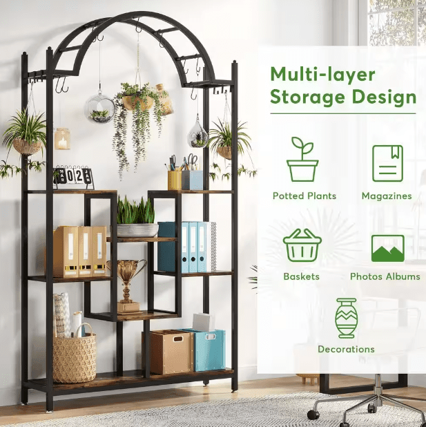 Wellston 74.8 in. Rustic Brown 5-Tier Indoor Plant Stand Flower Rack with Side Hanging Hooks and S-hooks - Ouch Cart 