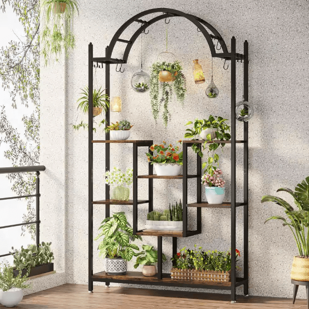 Wellston 74.8 in. Rustic Brown 5-Tier Indoor Plant Stand Flower Rack with Side Hanging Hooks and S-hooks - Ouch Cart 