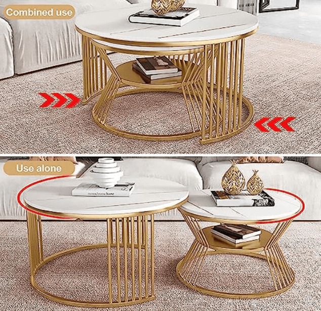 Round Coffee Table, Modern Minimalist Coffee Table, Balcony Coffee Table Side Table Combination, (Black-White-Gold)