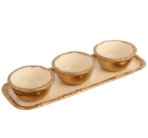 Alf Vine Tray Bowl Set in Ivory Enamle Gold Finish