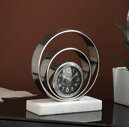 Rings Of Saturn Desk Clock in Marble & Silver Finish - Ouch Cart 