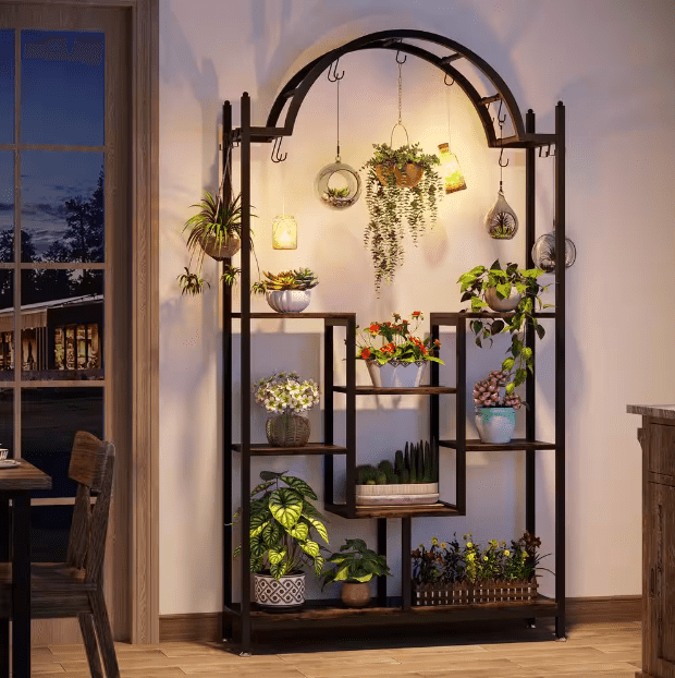 Wellston 74.8 in. Rustic Brown 5-Tier Indoor Plant Stand Flower Rack with Side Hanging Hooks and S-hooks - Ouch Cart 