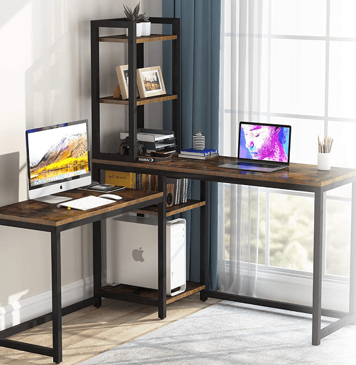 Rustic Brown L-Shaped Computer Desk with Bookshelf Storage - Ouch Cart 